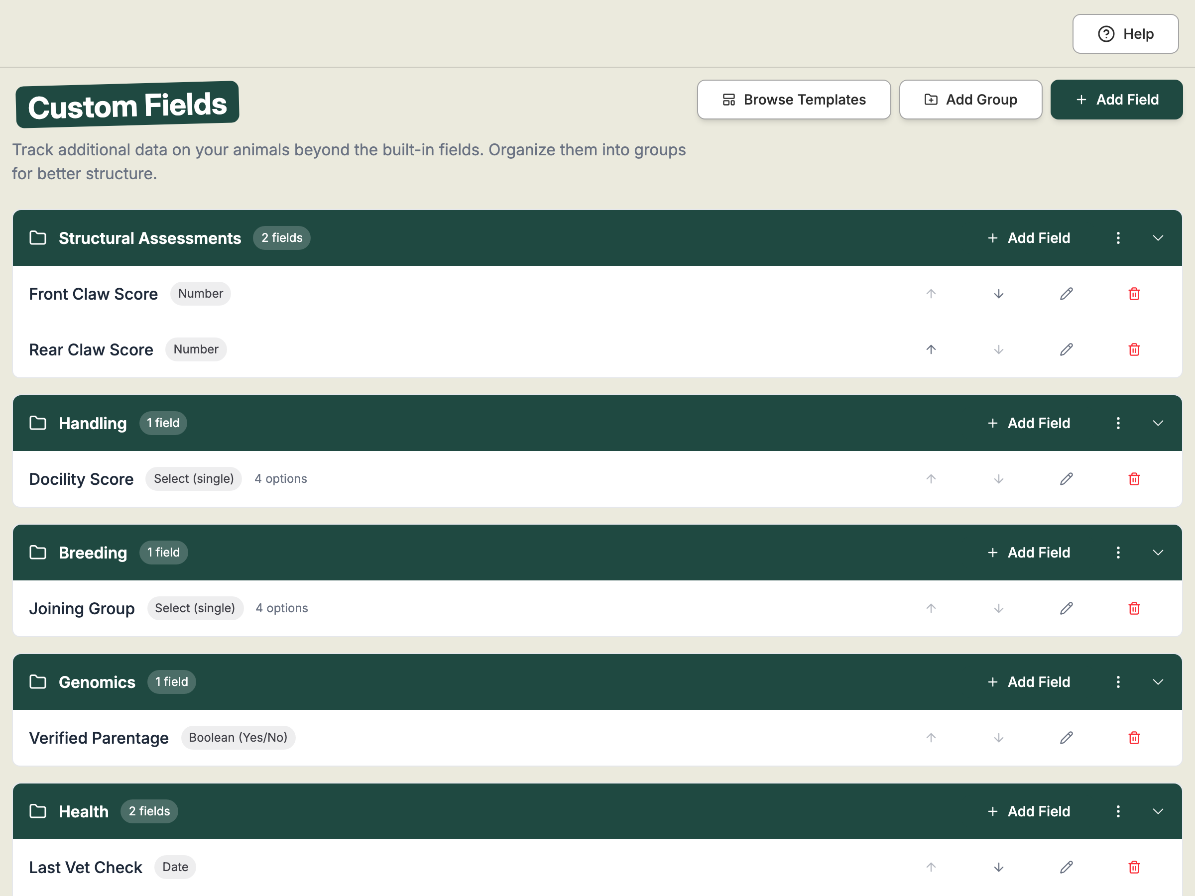 The Custom Fields page with fields grouped under Structural Assessments, Handling, Breeding, Genomics, Health and Sales, each showing its type