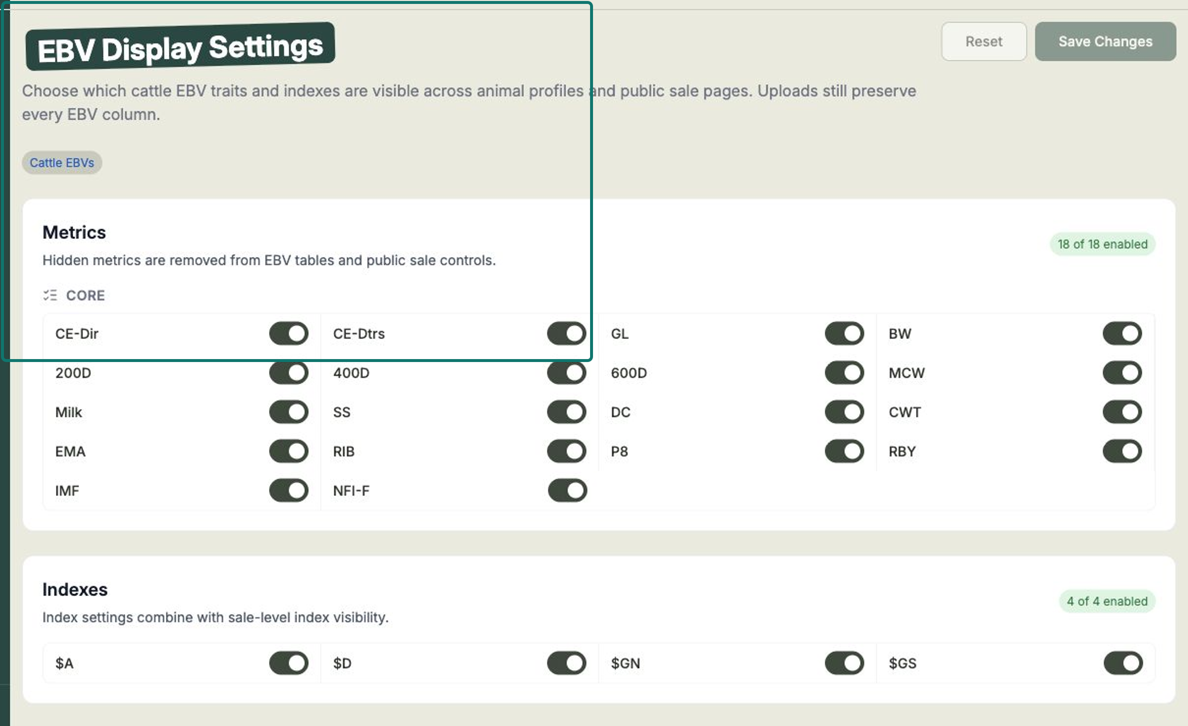 The EBV Display page with toggles for each EBV trait under Metrics and for indexes under Indexes, plus an enabled counter