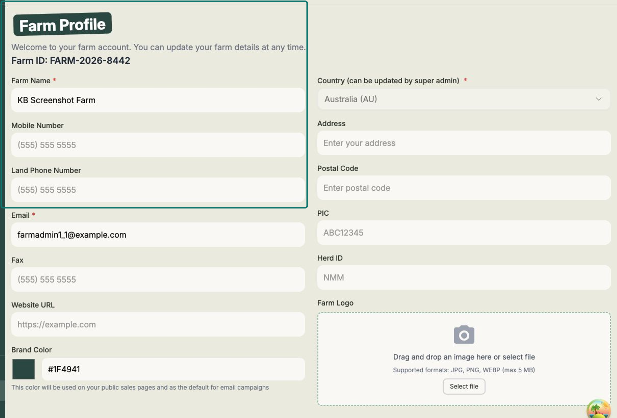 The Farm Profile form showing farm name and contact fields, the Brand Color picker and the Farm Logo upload