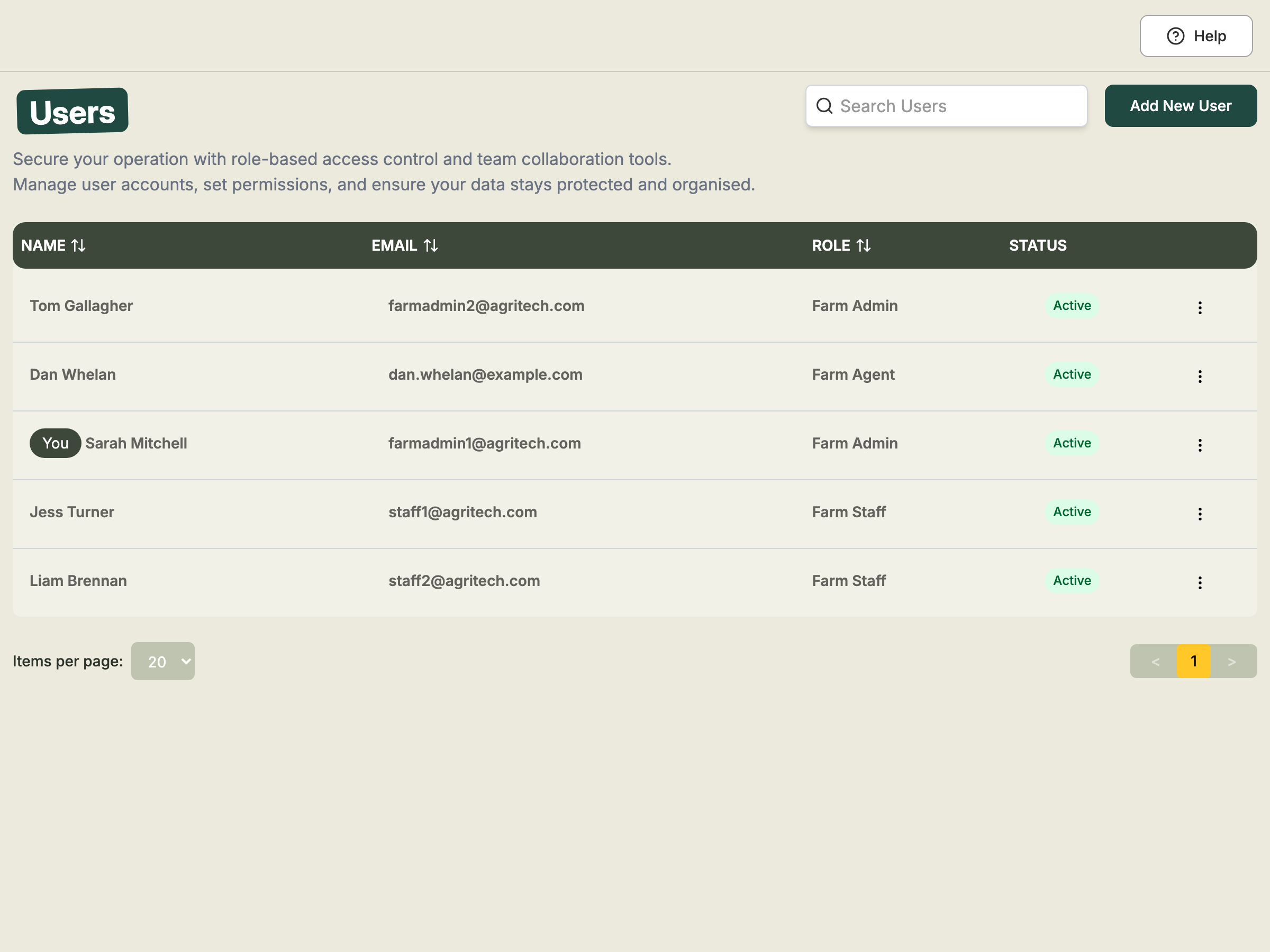 The Users page listing team members with their name, email, role and status